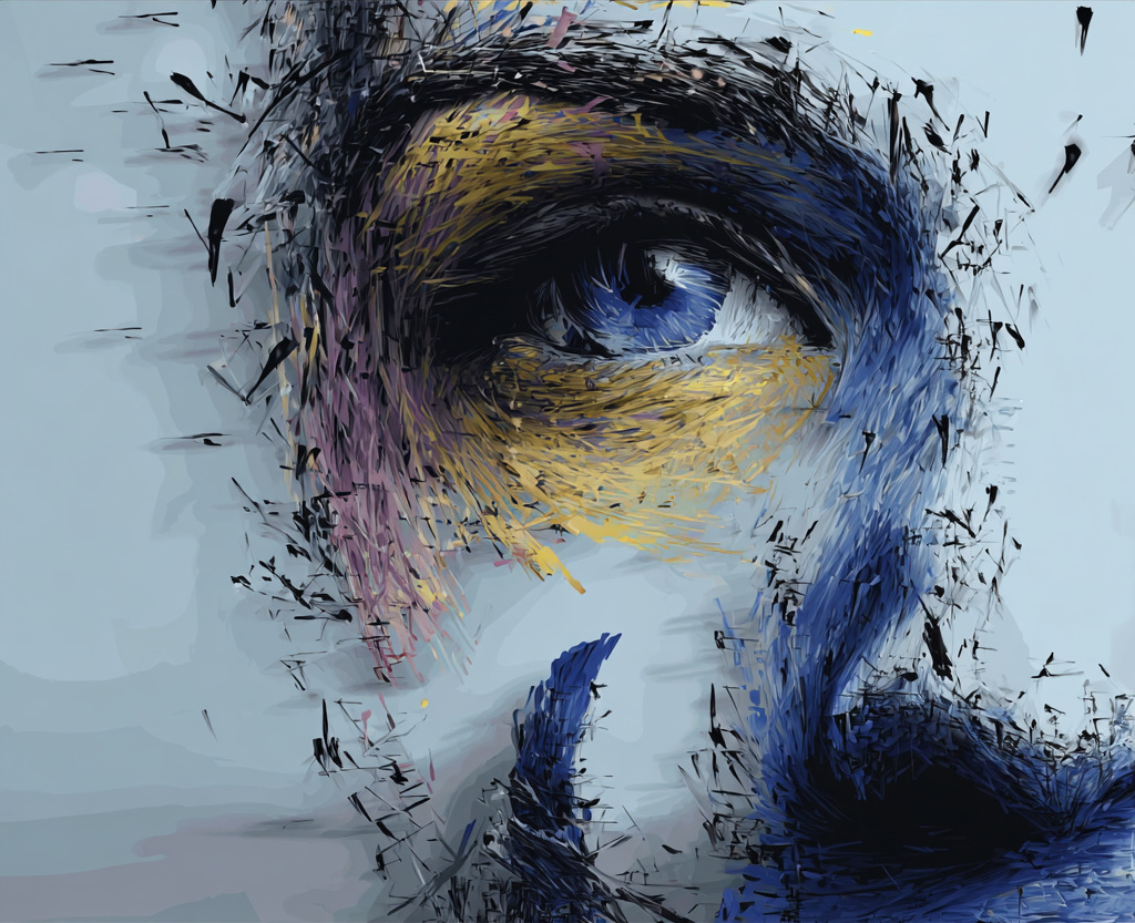 Fragmented portrait of an eye rendered in blue, gold, and black brushstrokes on pale grey