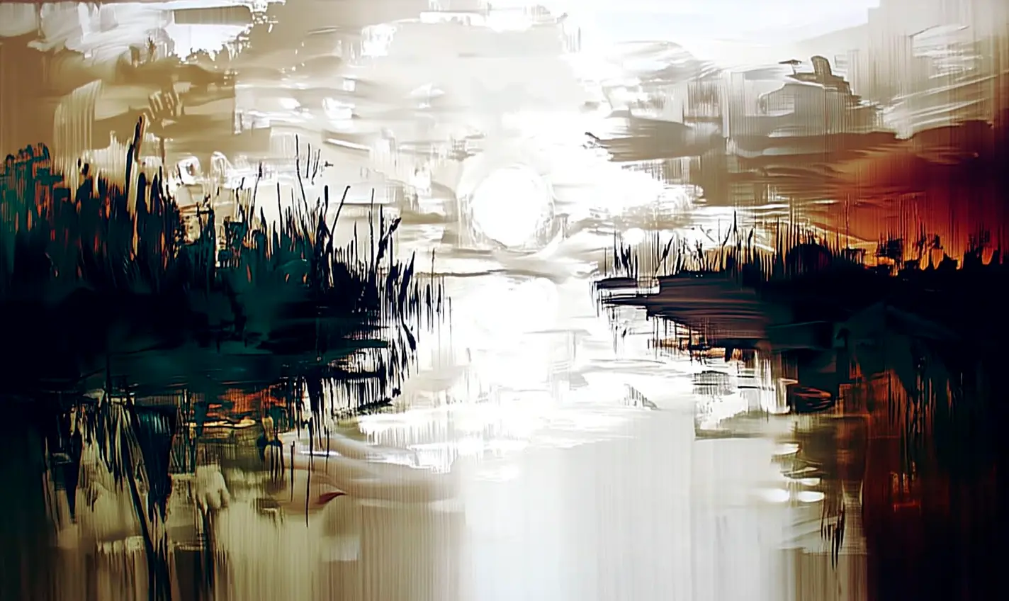 The Viewer — an abstract painted shoreline where sunlight breaks through dark reeds and still water