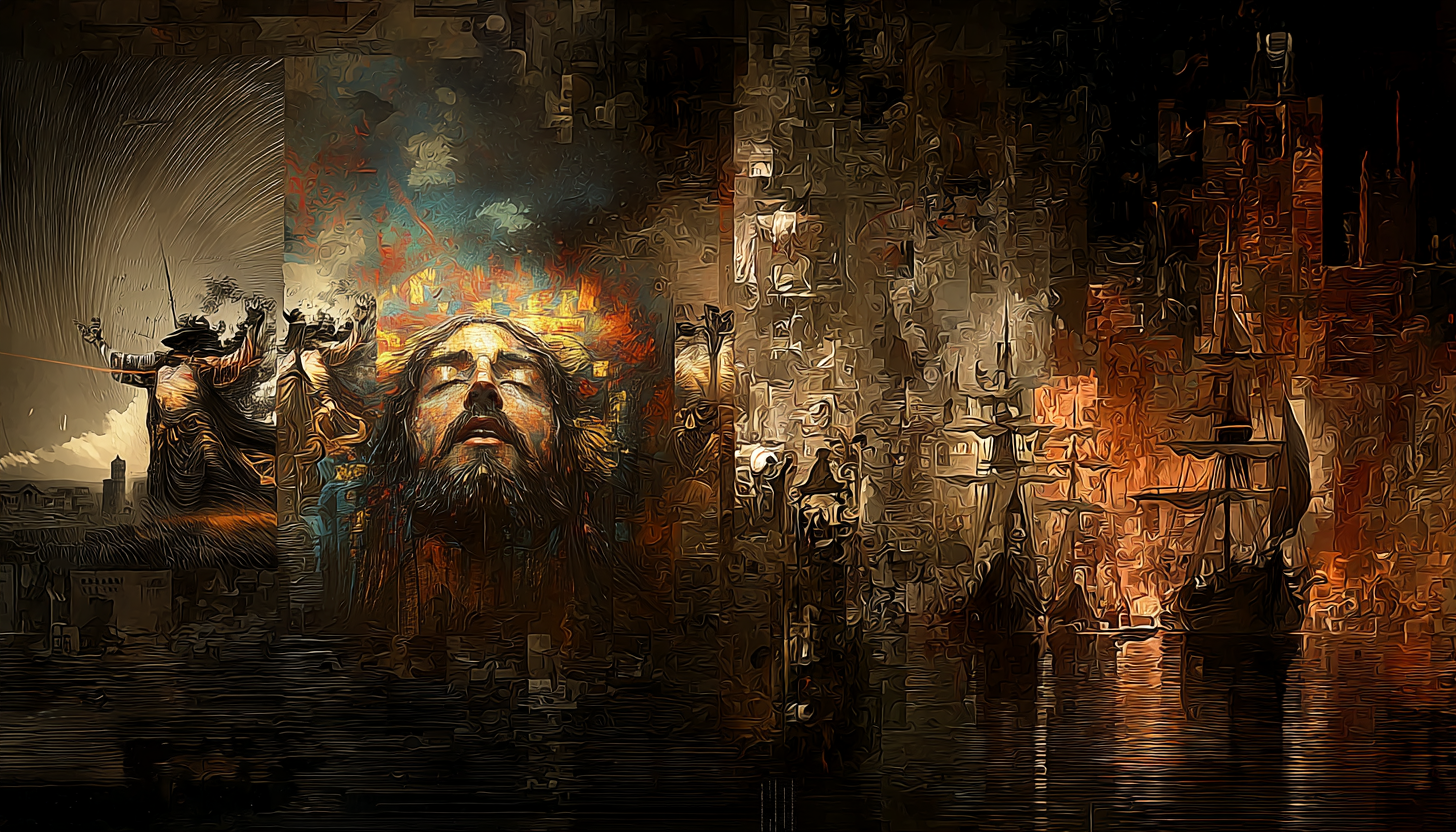 Dark textured harbour scene lit by amber fire with a serene upturned face at its centre
